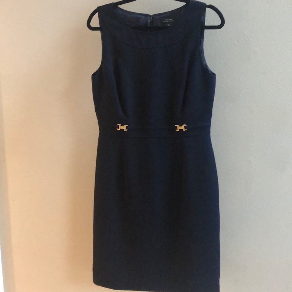 Tahari ASL Dress Navy Blue w/ gold hardware Lined hidden zipper xlnt condition